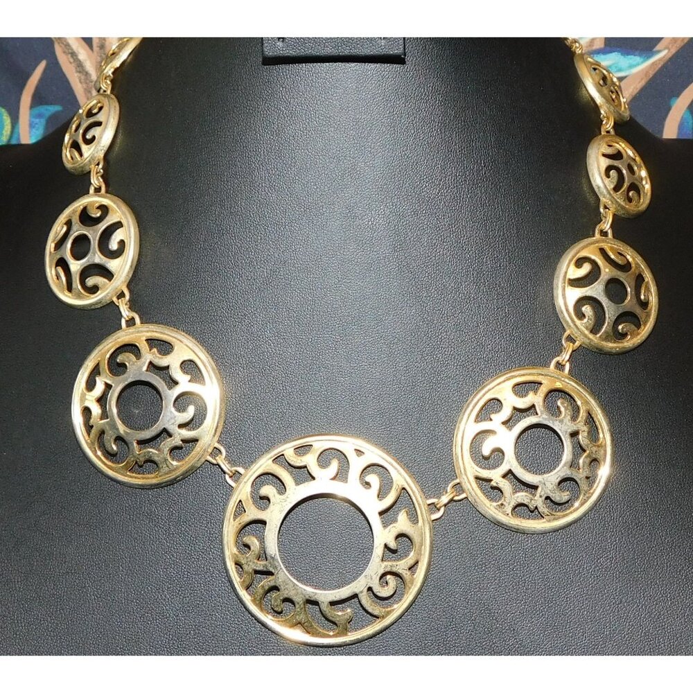 Vintage Filigree Cutout Medallion Gold Tone Necklace